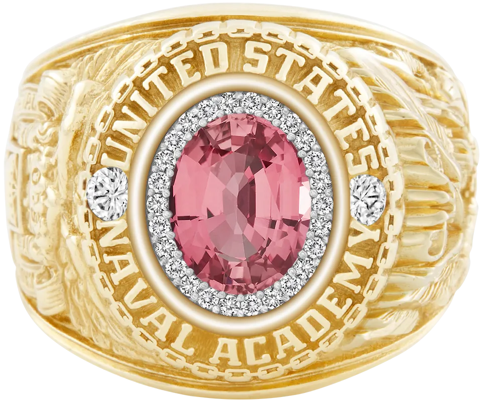 USNA Class Ring with Pink Sapphire Centerpiece and Diamond Dividers