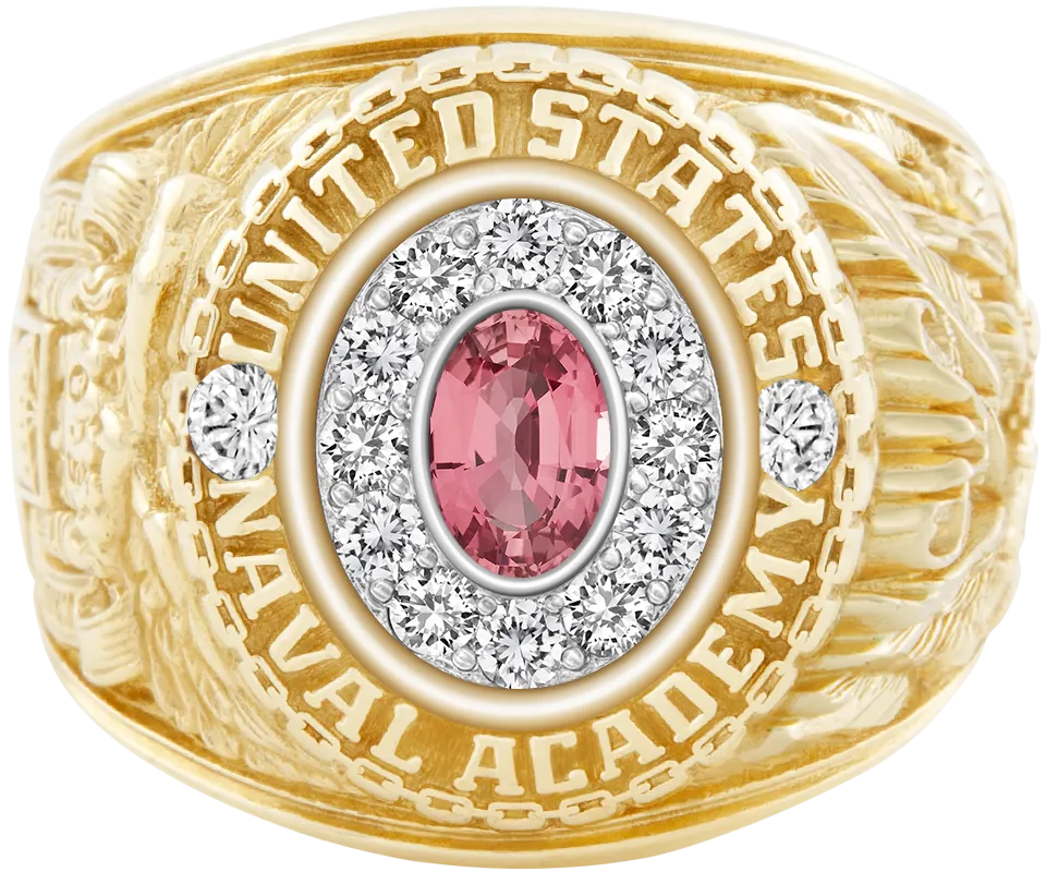 USNA Class Ring with Pink Sapphire Centerpiece and Diamond Dividers