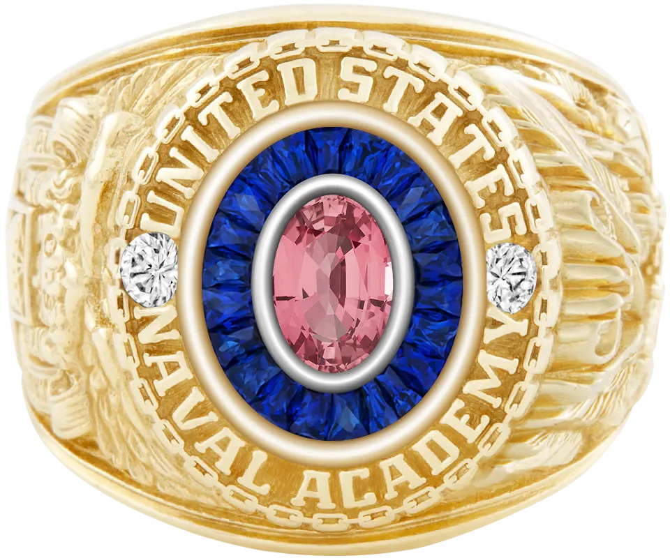 USNA Class Ring with Pink Sapphire Centerpiece and Diamond Dividers