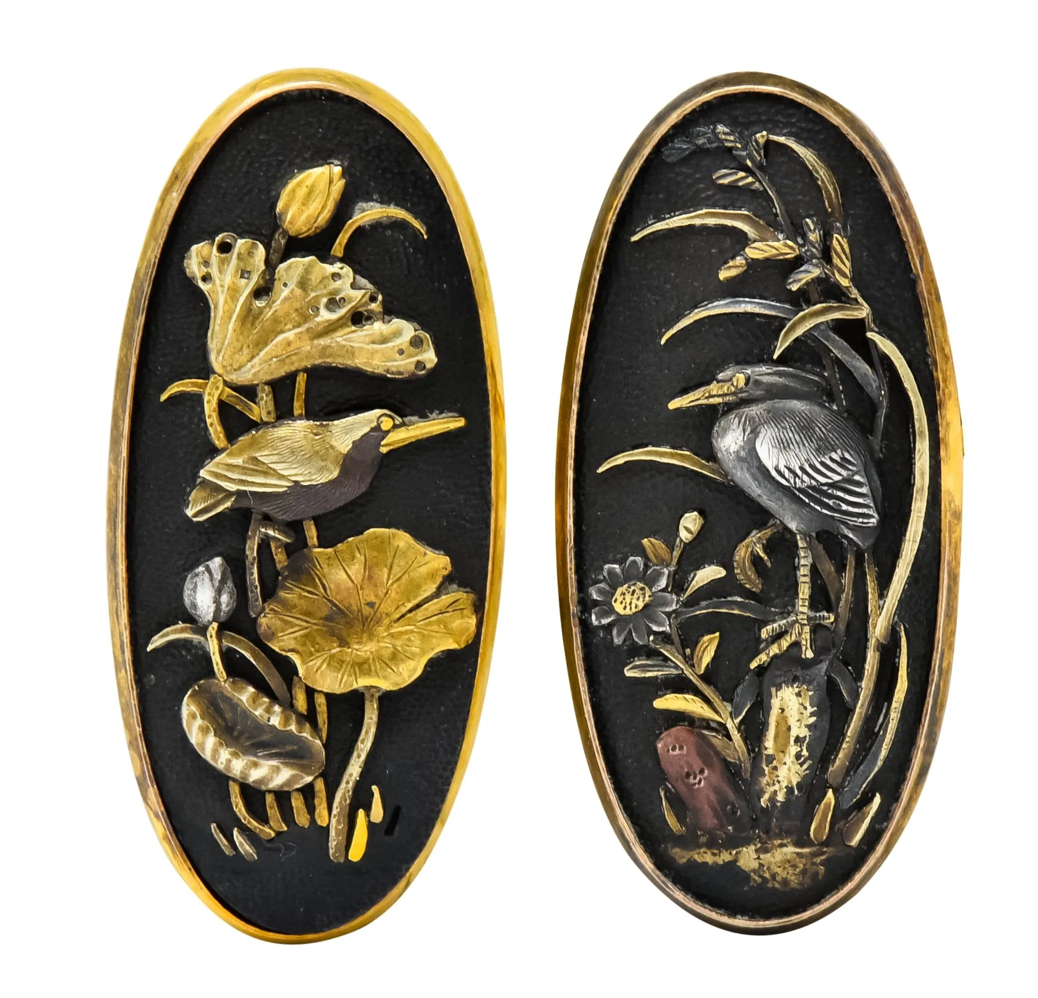 Victorian Shakudo 14k Gold Mixed Metal Floral Bird Men's Cufflinks