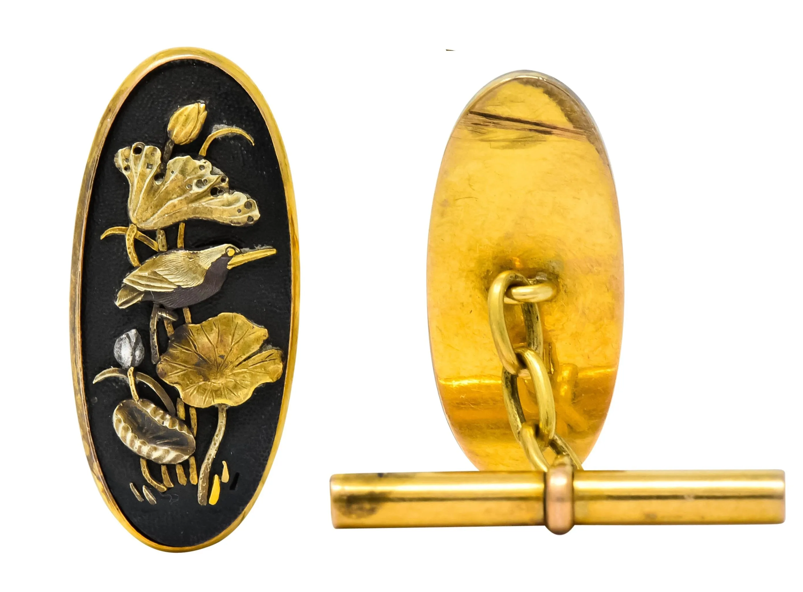 Victorian Shakudo 14k Gold Mixed Metal Floral Bird Men's Cufflinks