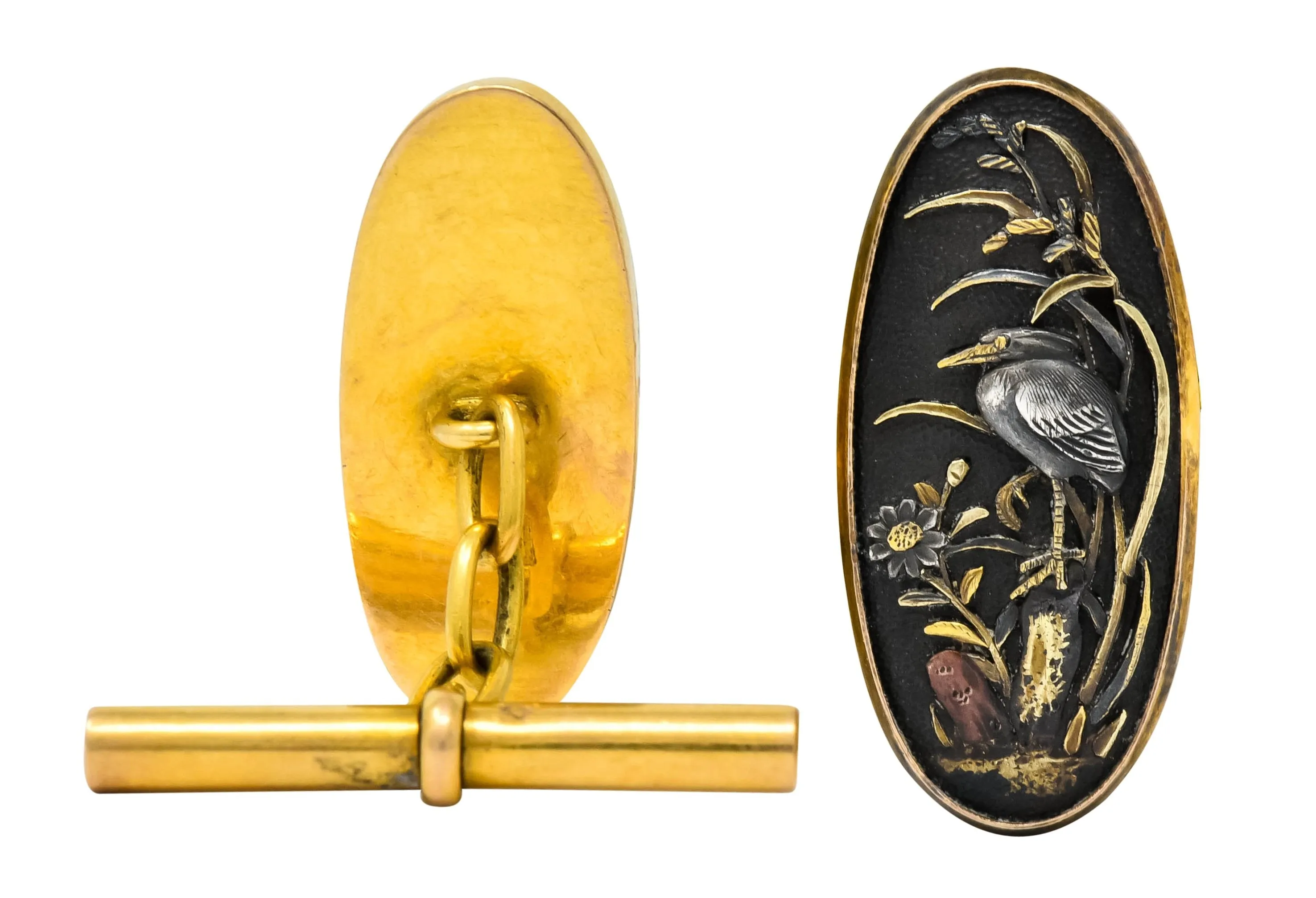 Victorian Shakudo 14k Gold Mixed Metal Floral Bird Men's Cufflinks