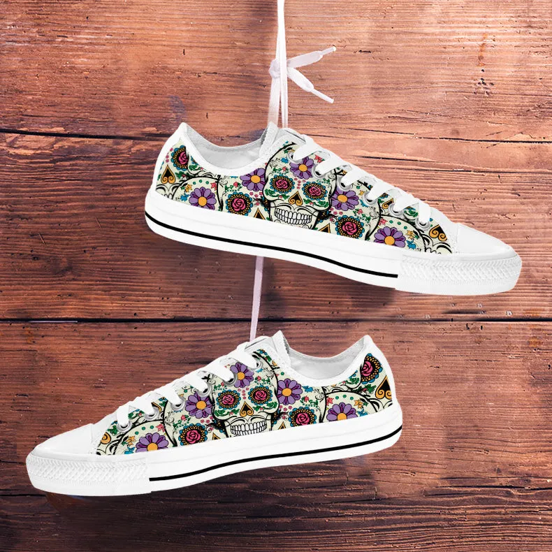 Violet Sugar Skull Sneakers: White.