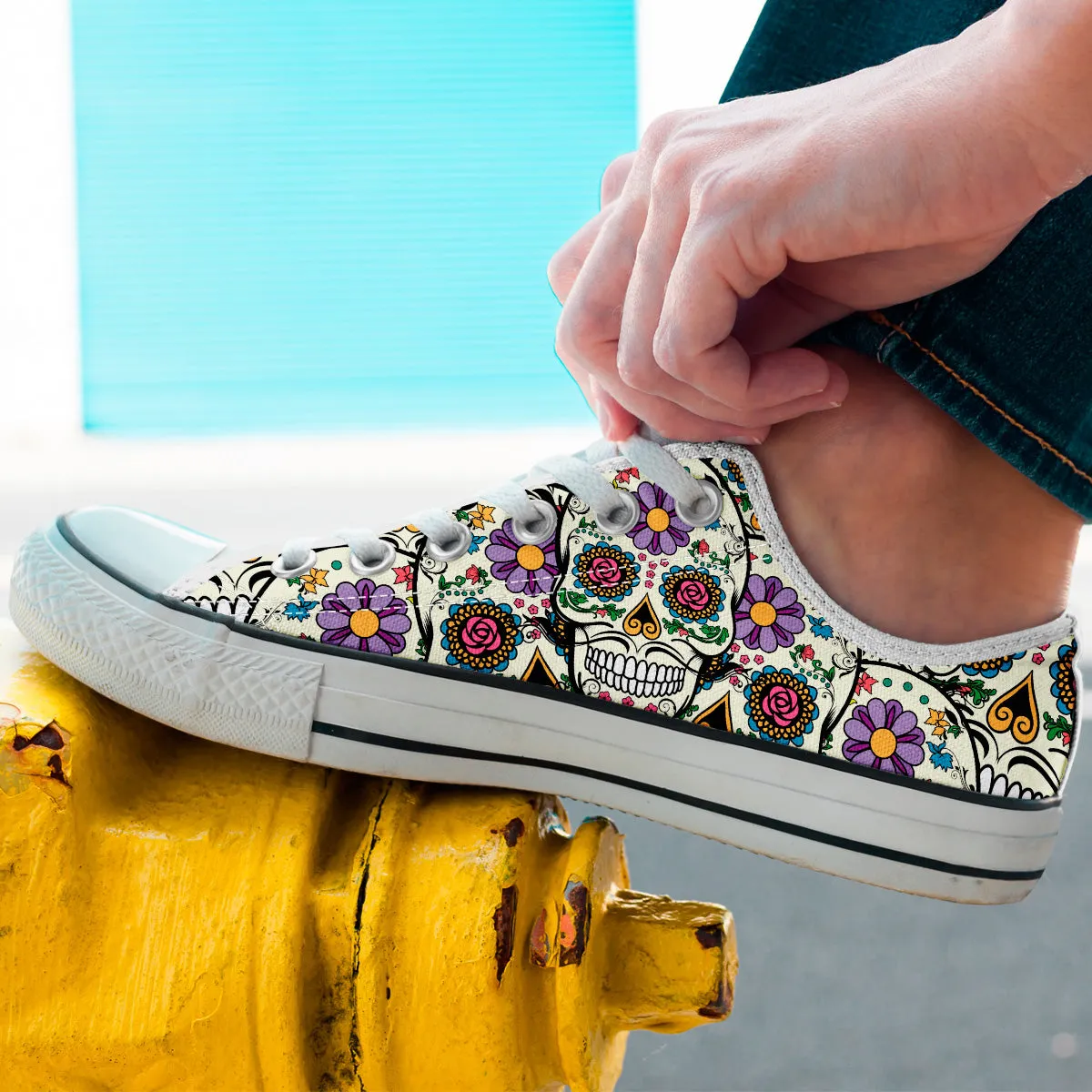 Violet Sugar Skull Sneakers: White.