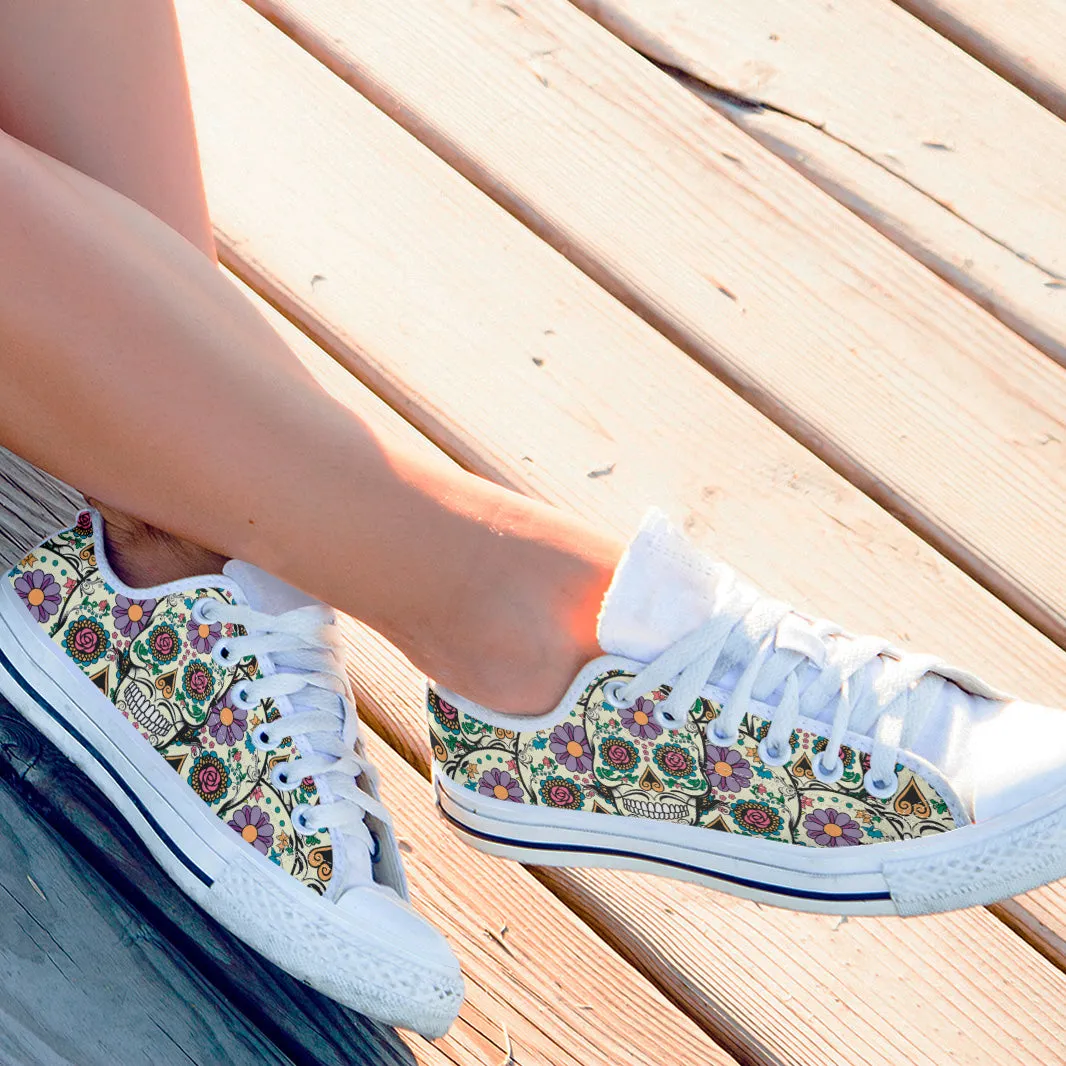 Violet Sugar Skull Sneakers: White.