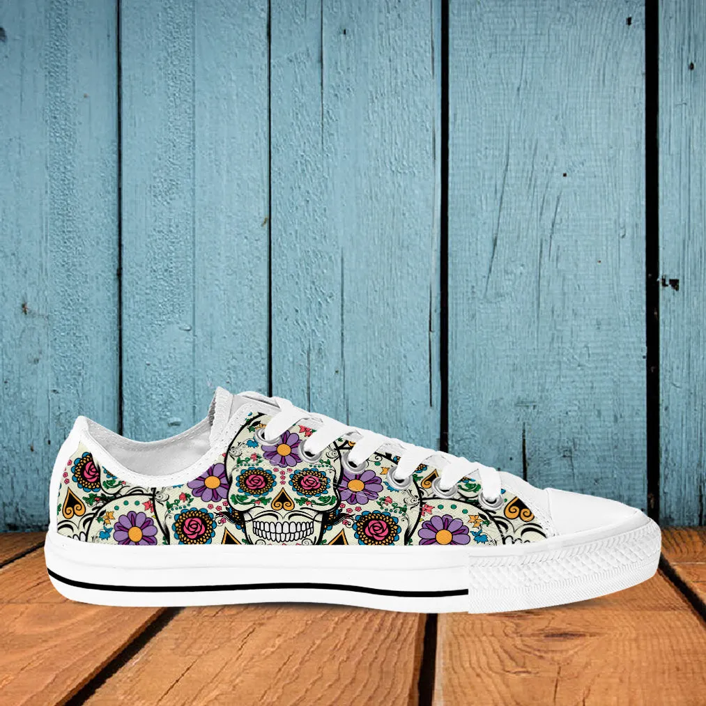 Violet Sugar Skull Sneakers: White.