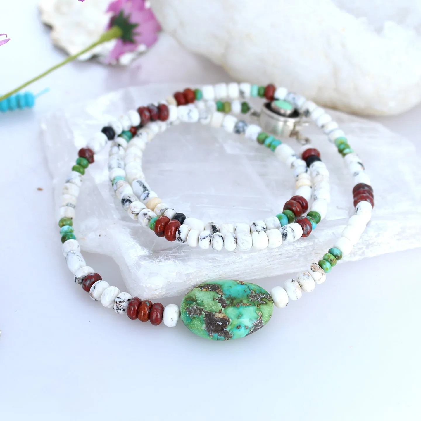 White Buffalo and Sonoran Turquoise Necklace - Southwest Elegance - 24 inch