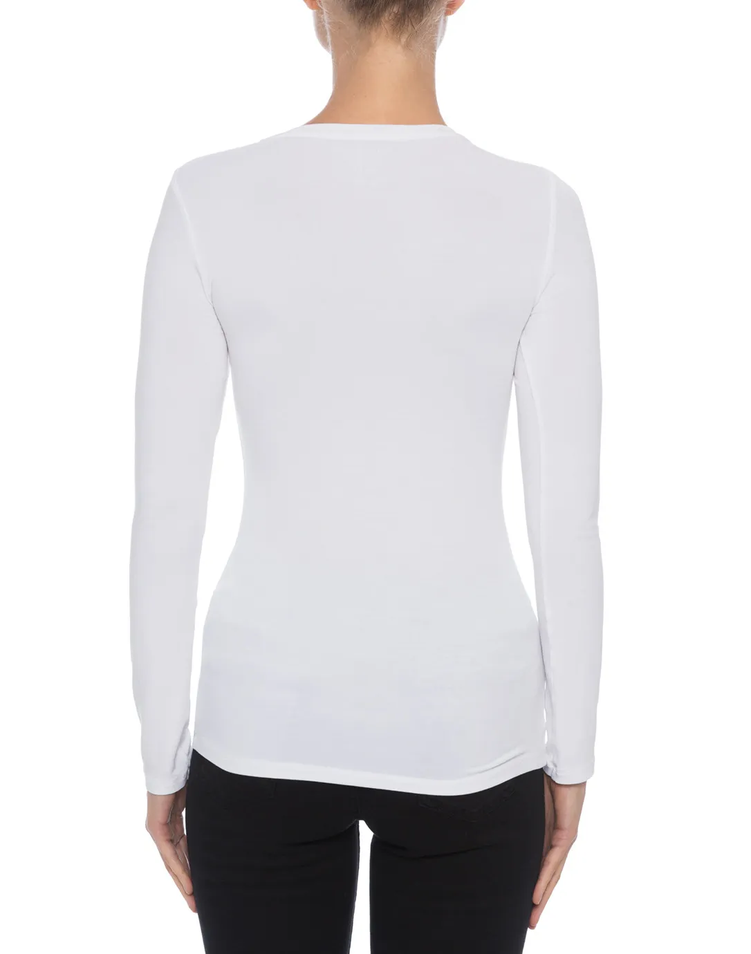 White Crew Neck Long-Sleeved Stretch Viscose Top