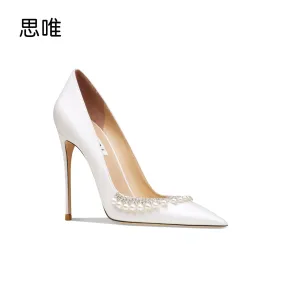 White Pearl Satin Point Toe Bridal Pumps for Weddings.