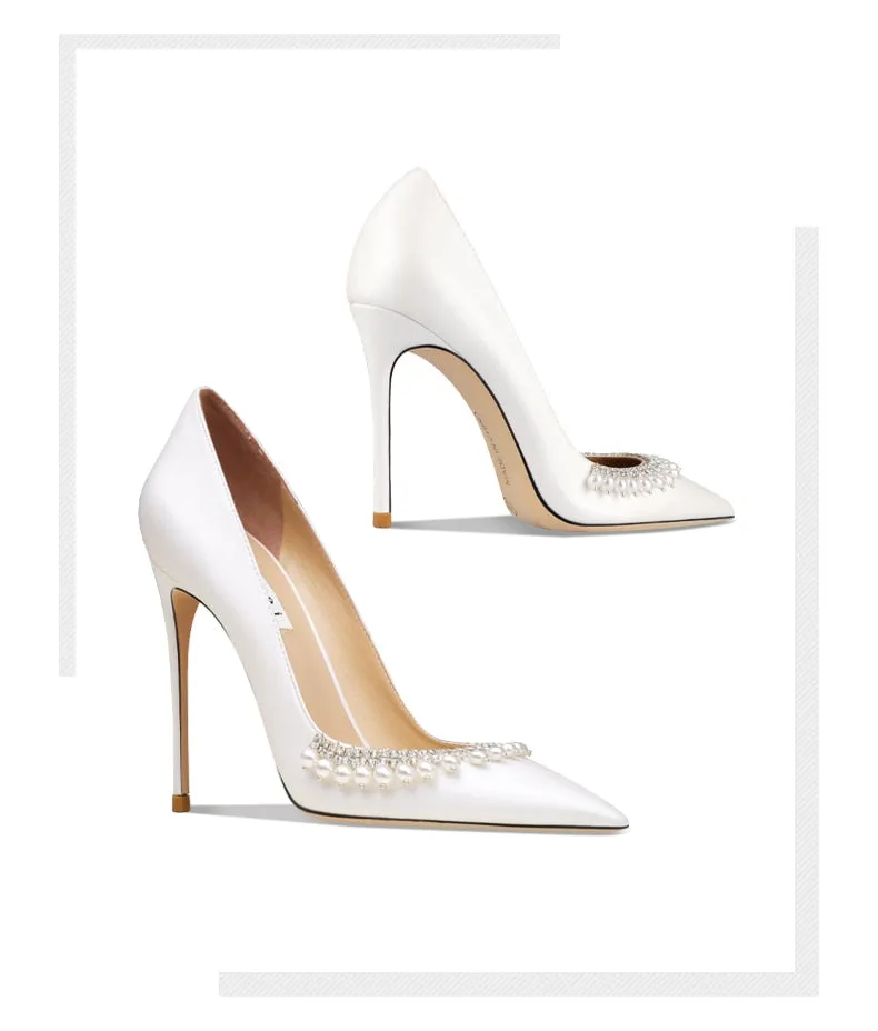 White Pearl Satin Point Toe Bridal Pumps for Weddings.