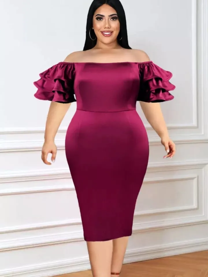 Women Satin Party Dress, Slash Neck Short Puff Sleeve, Bodycon Clubwear, Summer Event S4653623