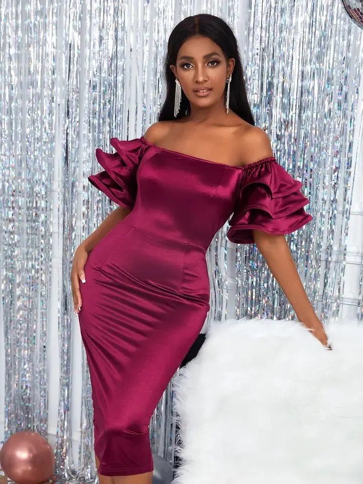 Women Satin Party Dress, Slash Neck Short Puff Sleeve, Bodycon Clubwear, Summer Event S4653623