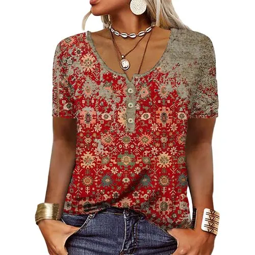 Women's T-shirt Short Sleeve T-shirts Printing Button Vintage Style Ethnic Style Flower