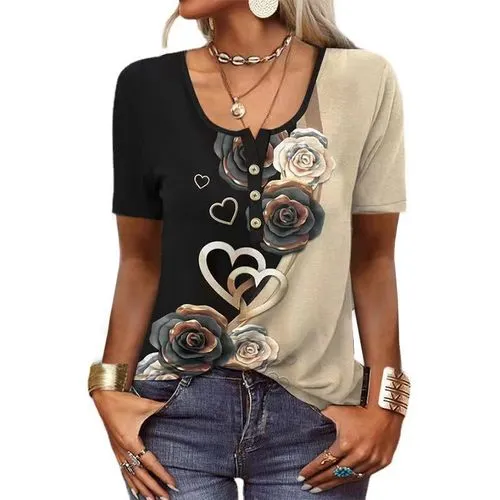 Women's T-shirt Short Sleeve T-shirts Printing Button Vintage Style Ethnic Style Flower