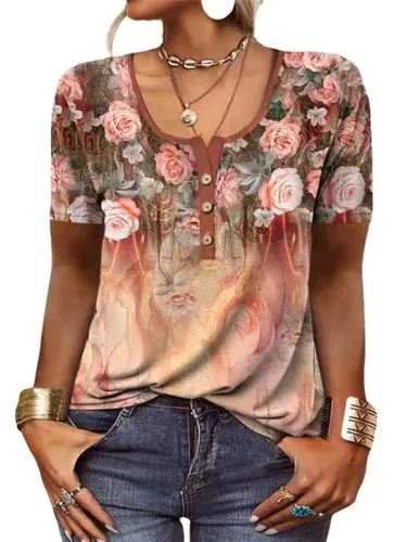 Women's T-shirt Short Sleeve T-shirts Printing Button Vintage Style Ethnic Style Flower