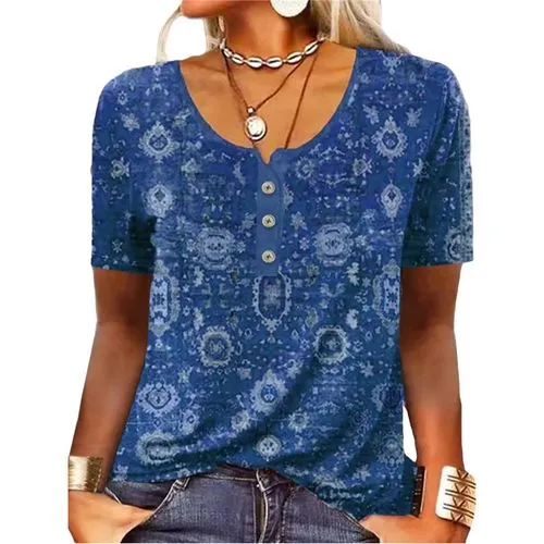 Women's T-shirt Short Sleeve T-shirts Printing Button Vintage Style Ethnic Style Flower