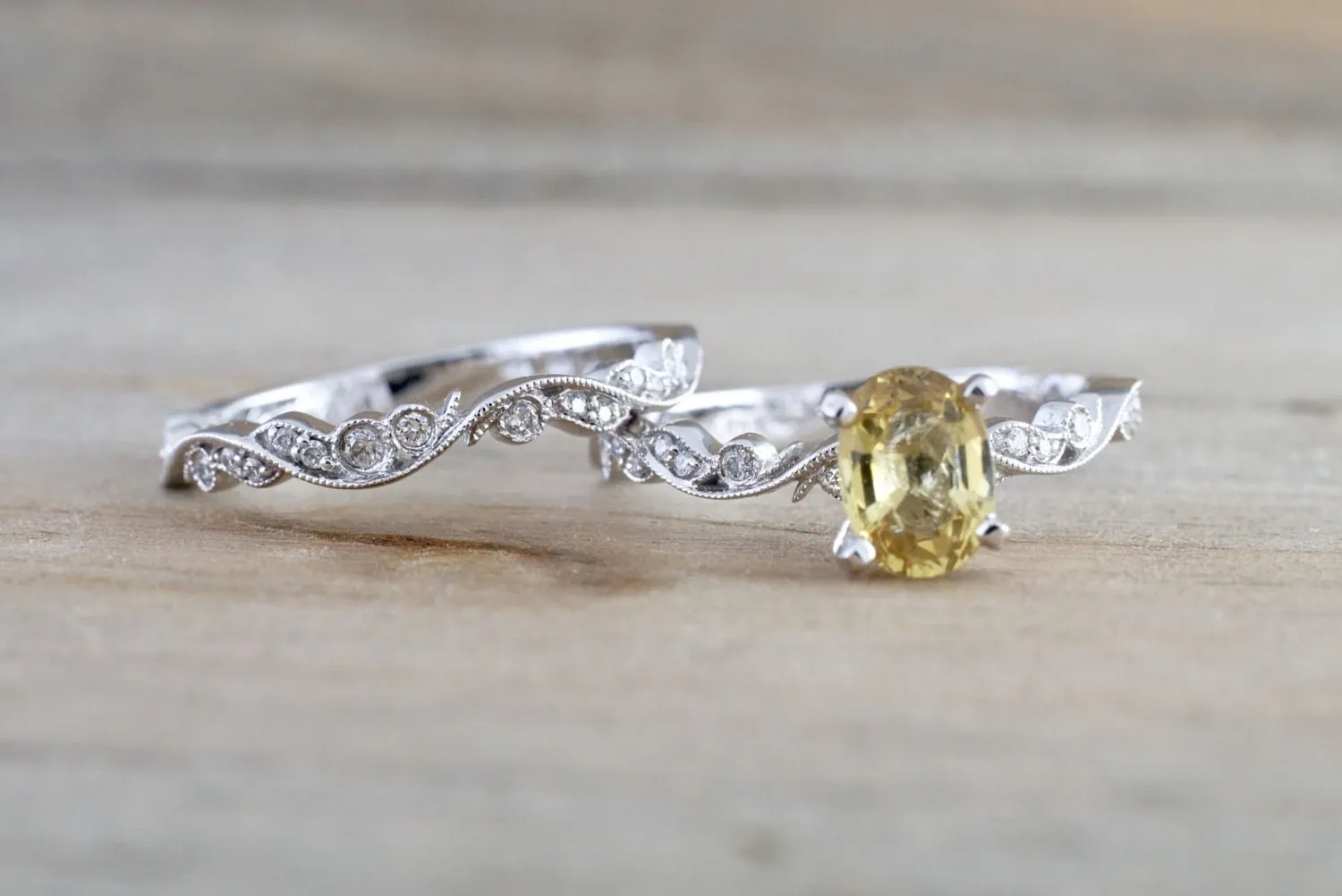 Yellow Sapphire Wedding Set with Floral Design