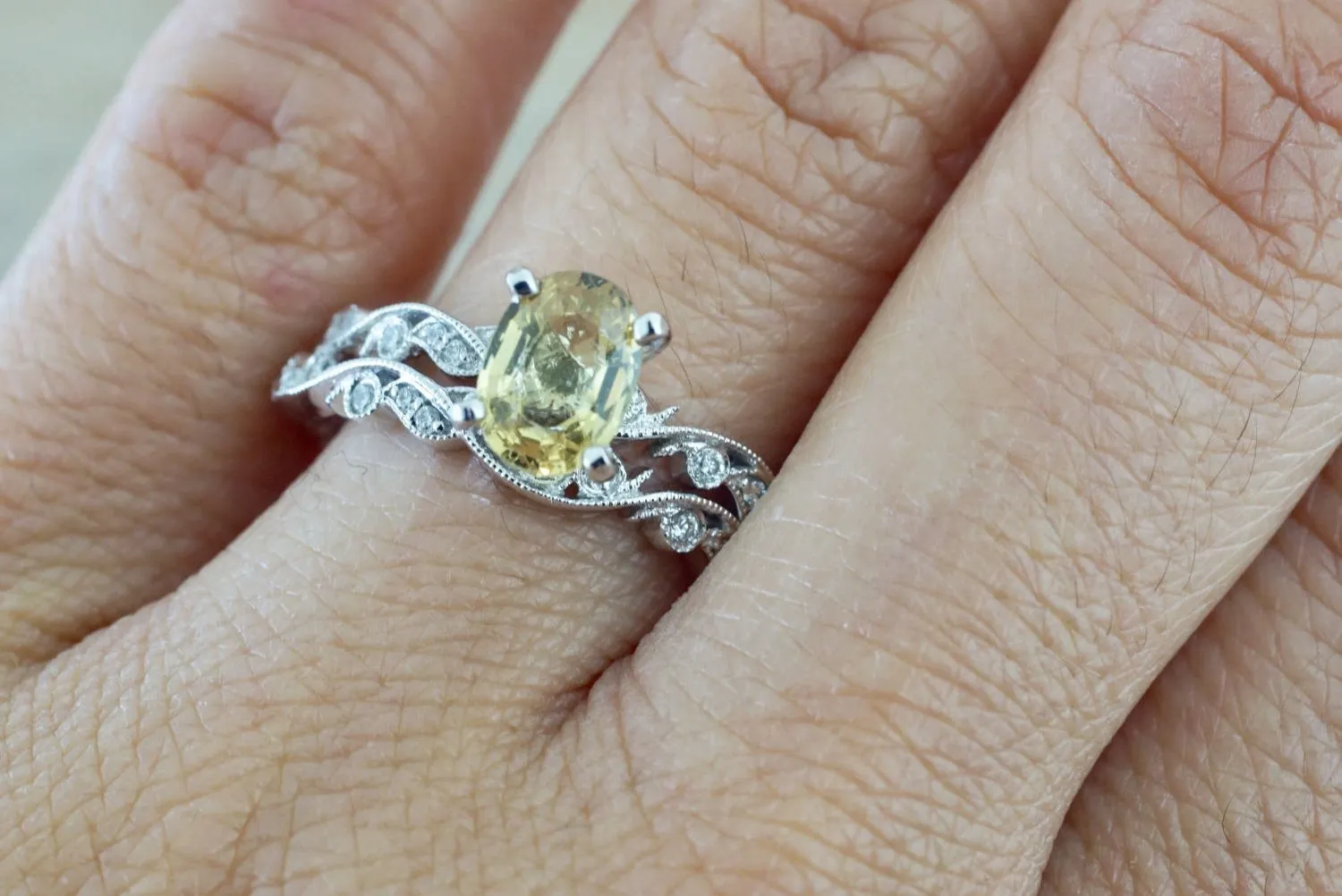 Yellow Sapphire Wedding Set with Floral Design